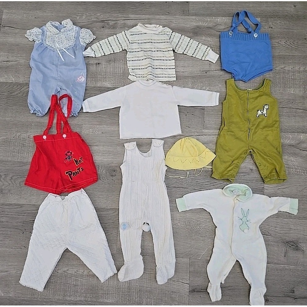 80's Vintage Baby Clothes Lot 9pcs Pants - Tops - One Piece - Overalls, 6-12m